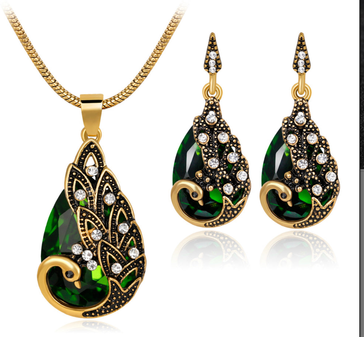 Green peacock crystal rhinestone necklace earrings set 17.7” wedding formal accessory gift bridal shower engagement accessory