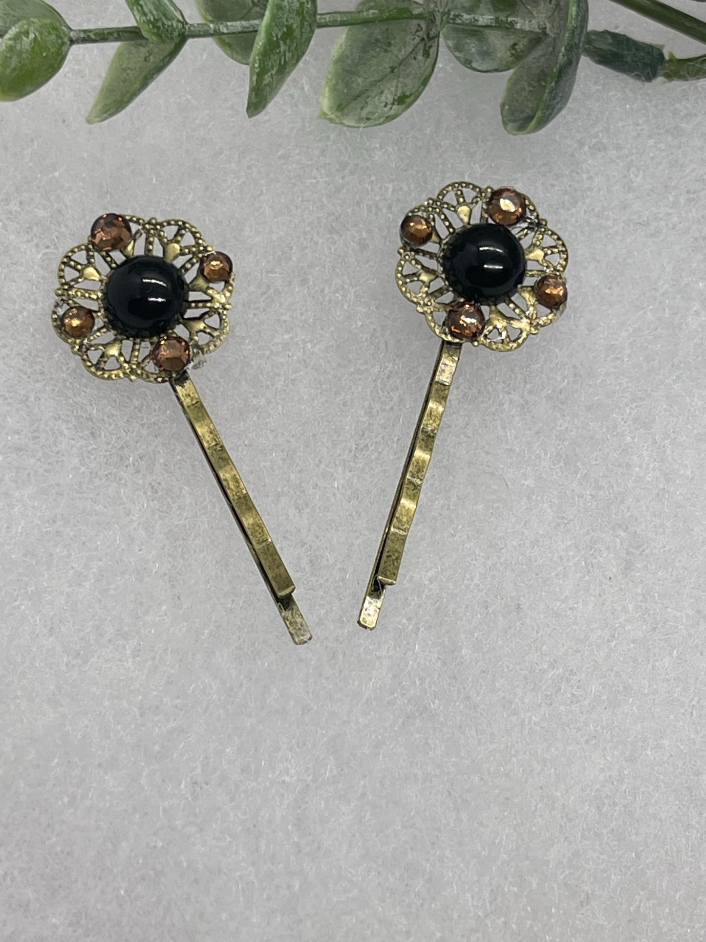 Black brown faux pearl 2 pc set Antique vintage Style approximately 3.0” flower hair pin wedding engageme
