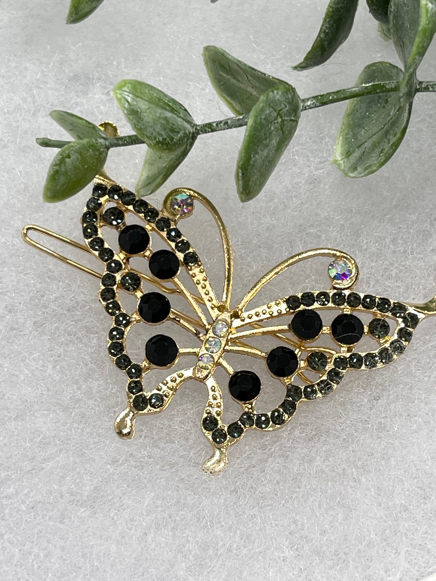 Black gold butterfly Crystal Rhinestone Barrette approximately 3.5”Metal gold tone formal hair accessory