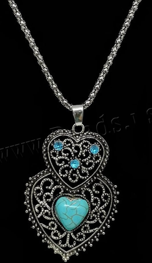 Antique vintage Turquoise hearts silver necklace earrings set