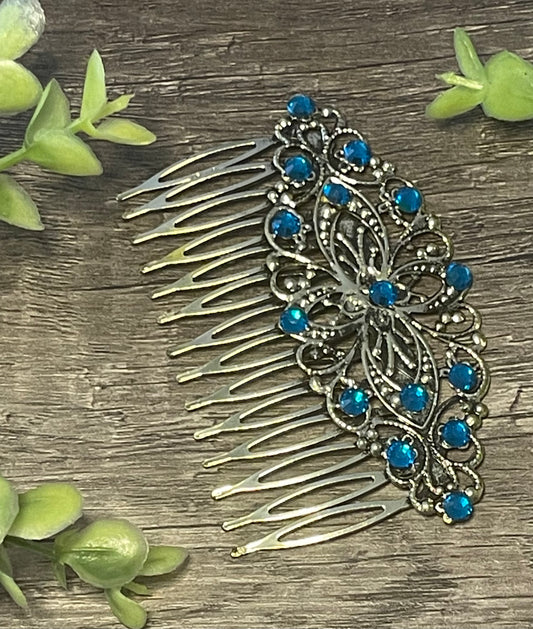 Sapphire teal crystal rhinestone Comb on 3.5” antique Metal Hair Comb accessory Handmade Retro Bridal Prom