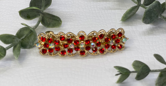 Red flowers Crystal rhinestone barrette approximately 3.0” gold tone formal hair accessories gift wedding bridesmaid