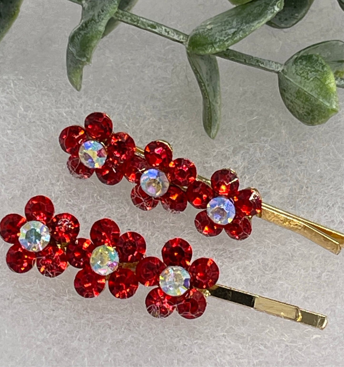 Red crystal rhinestone flowers approximately 2.0” gold tone hair pins 2 pc set wedding bridal shower engagement formal princess accessory accessories