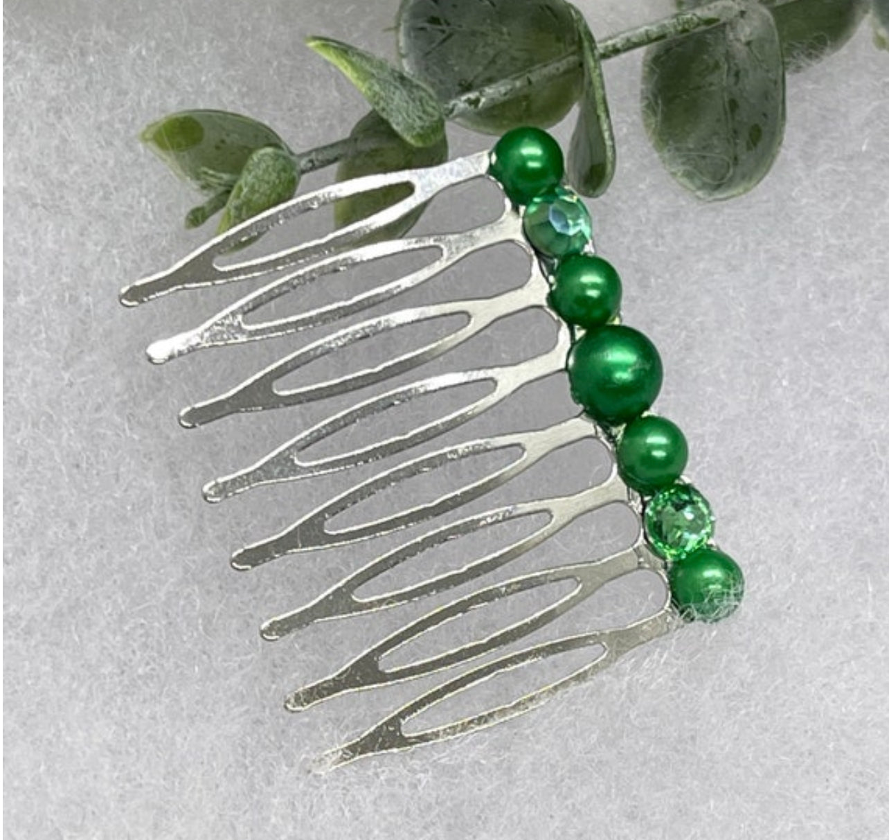Emerald Green  faux Pearl crystal side comb approximately 2.0”long metal hair accessory bridal wedding Retro