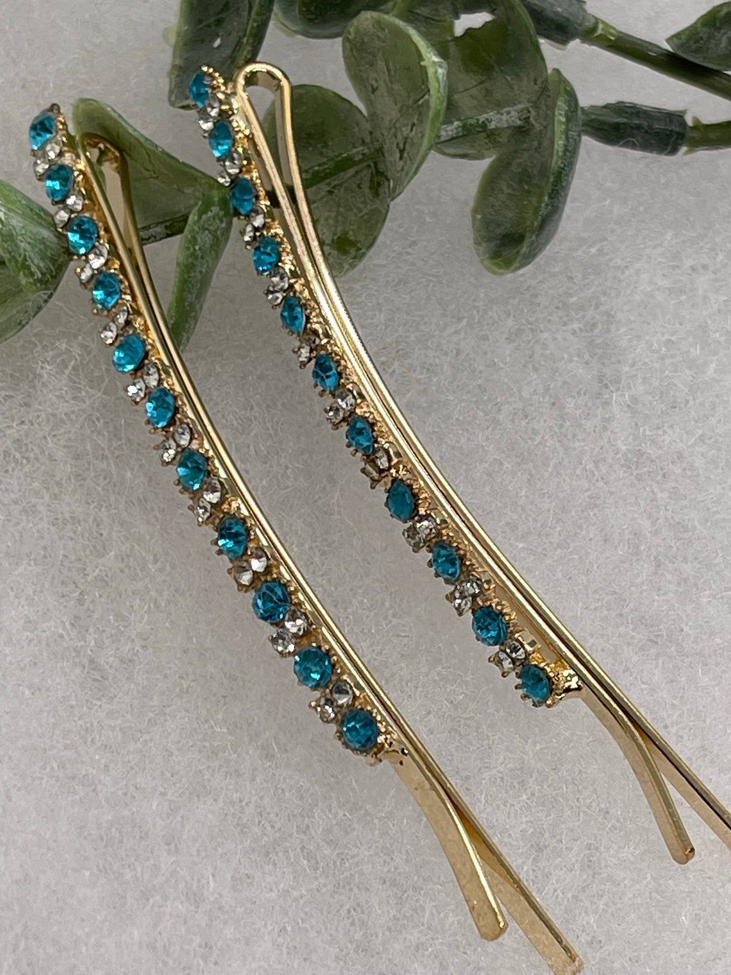 Teal crystal rhinestone approximately 3.5” large gold tone hair pins 2 pc set wedding bridal shower engagement formal princess accessory accessories
