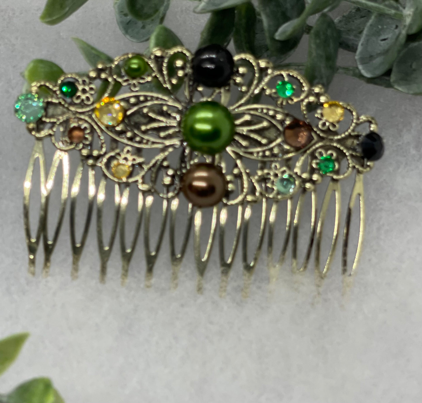 Camouflage crystal rhinestone pearl vintage style antique  hair accessories gift birthday event formal bridesmaid  3.5” Metal side Comb ##650