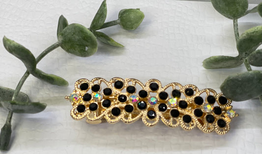 Black Crystal rhinestone barrette approximately 3.0” gold tone formal hair accessories gift wedding bridesmaid