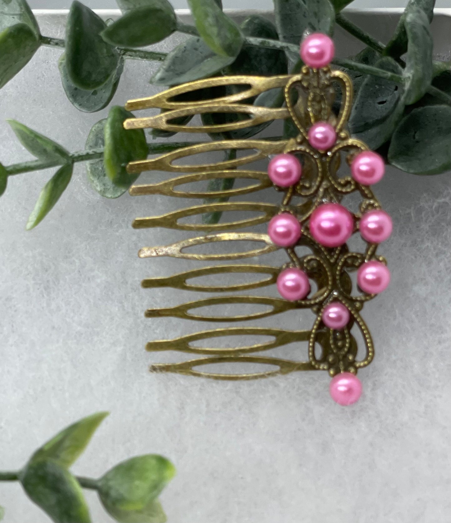 Pink pearl vintage style antique  hair accessories gift birthday event formal bridesmaid  2.5” Metal side Comb #251