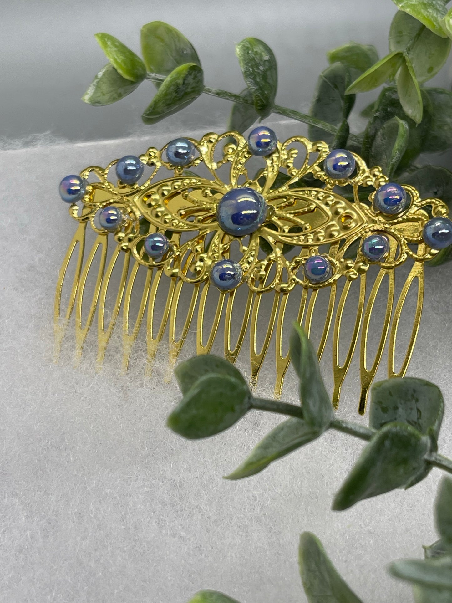 Blue iridescent Pearl vintage style Gold tone side comb hair accessory accessories gift birthday event formal bridesmaid wedding 3.5” Metal side Comb