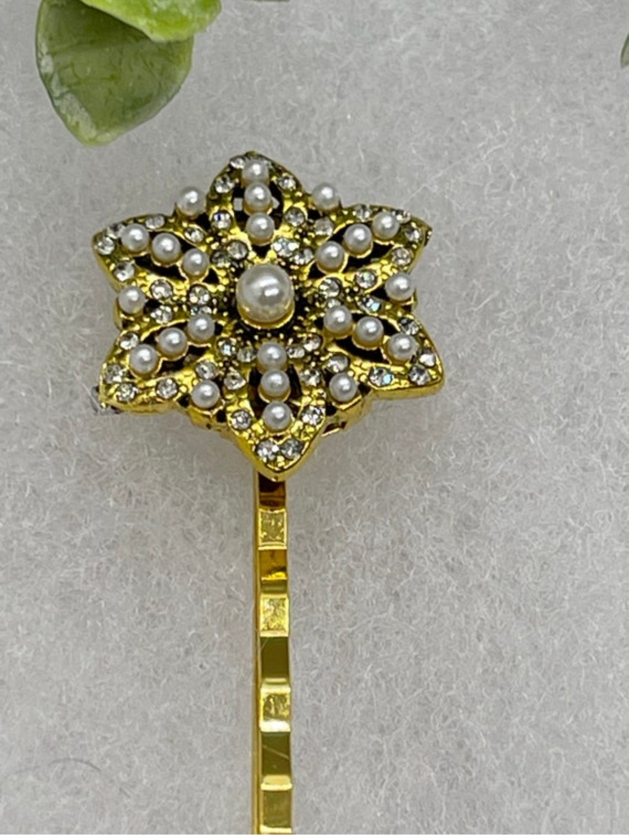 Gold Star Crystal Pearl flower vintage antique style hair pin approximately 2.5” long Handmade hair accessory bridal wedding Retro