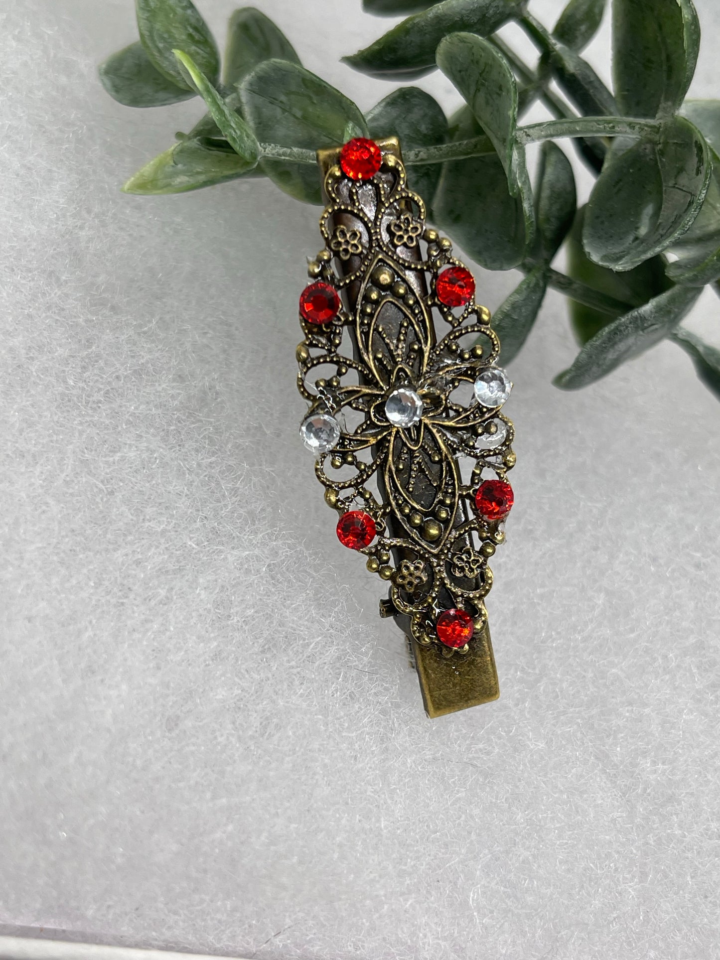 Red Crystal vintage antique style leaf hair alligator clip approximately 2.5” long Handmade hair accessory bridal wedding Retro