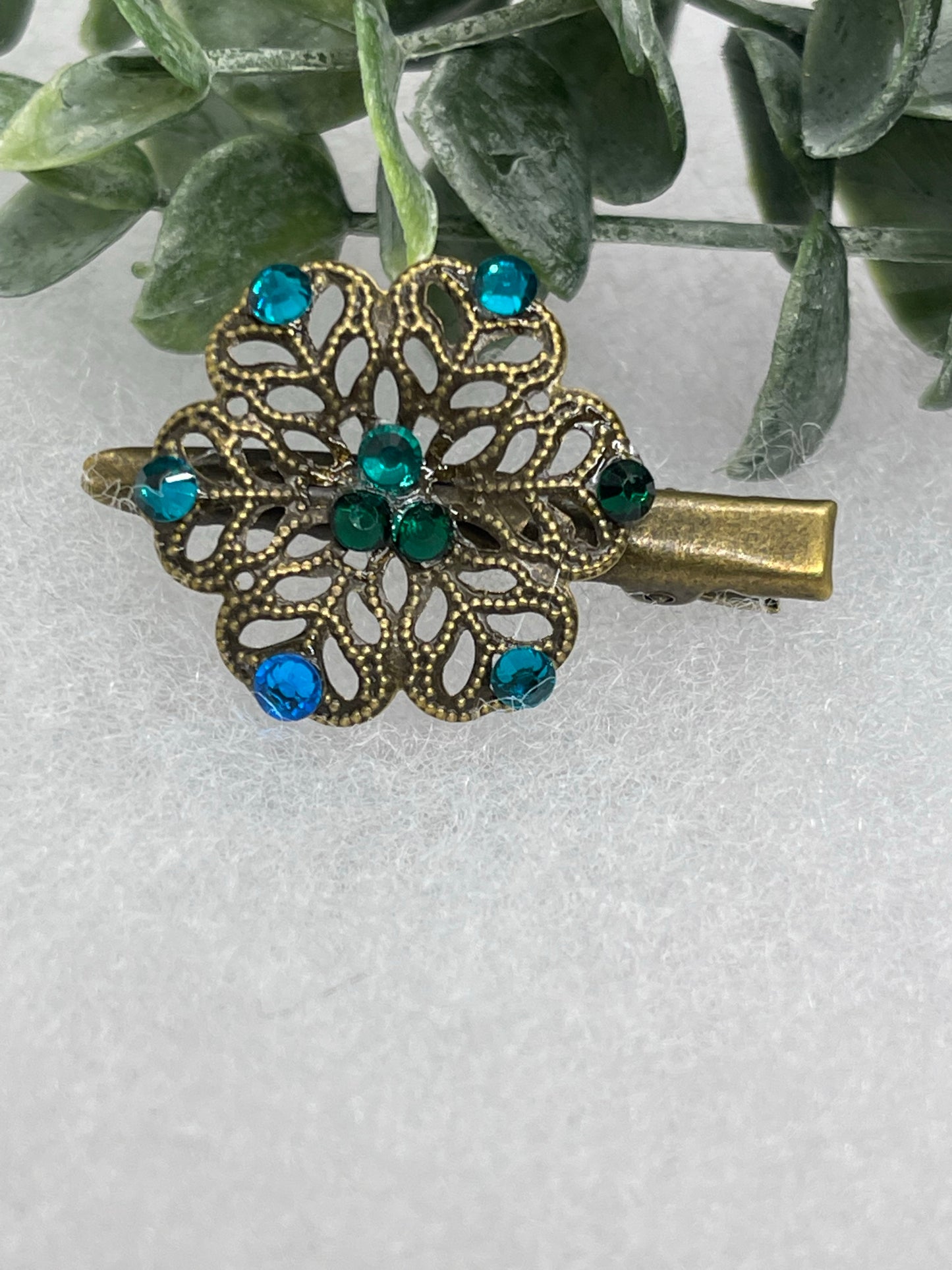 Teal blue green Crystal vintage antique style flower hair alligator clip approximately 2.0” long Handmade hair accessory bridal wedding Retro