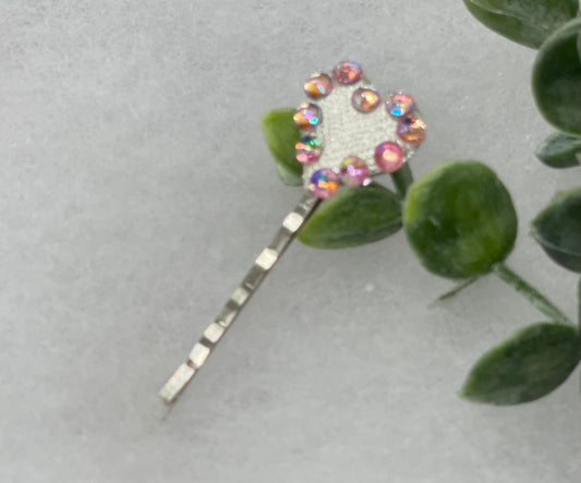 Pink iridescent heart crystal rhinestone silver 2.5” hair pin hair accessories gift birthday