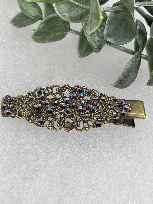Rainbow Crystal vintage antique style leaf hair alligator clip approximately 2.5” long Handmade hair accessory bridal wedding Retro