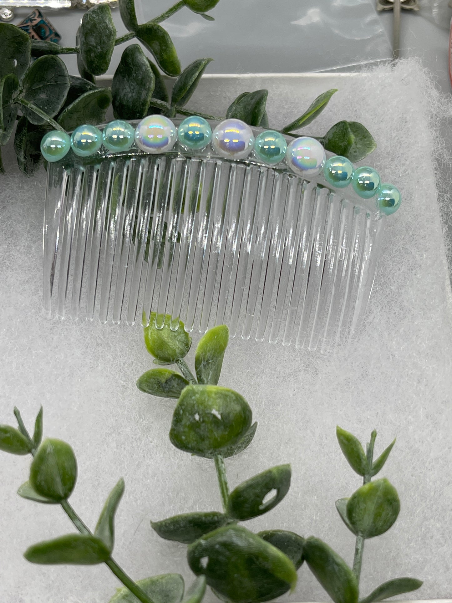 Iridescent light teal  white faux pearl side comb 3.5” clear  plastic hair accessory bridal wedding Retro Bridal Party Prom Birthday gifts