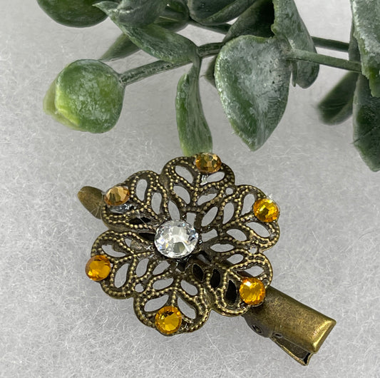 Golden orange Crystal vintage antique style flower hair alligator clip approximately 2.0” long Handmade hair accessory bridal wedding Retro