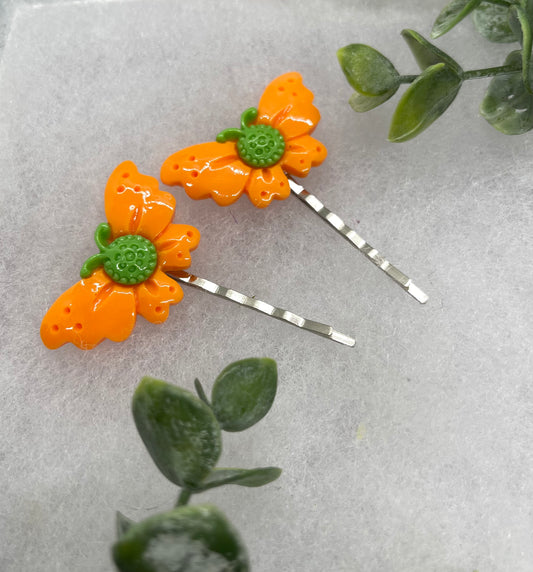2 pc Orange Butterfly hair pins approximately 2.0”silver tone formal hair accessory gift wedding bridal Hair accessory #012