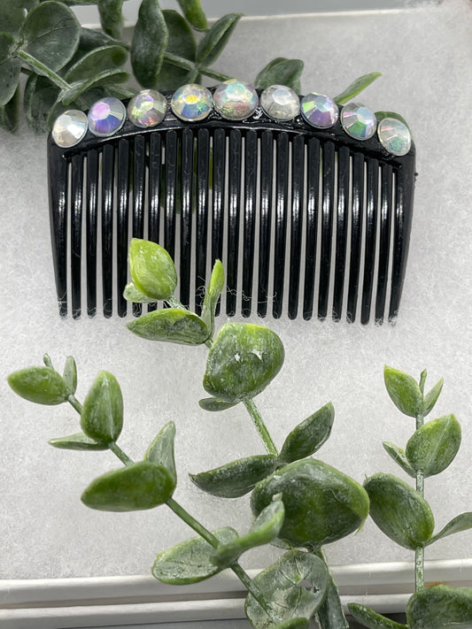 iridescent faux crystal rhinestone side comb 3.5” black plastic hair accessory bridal wedding Retro Bridal Party Prom Birthday gifts