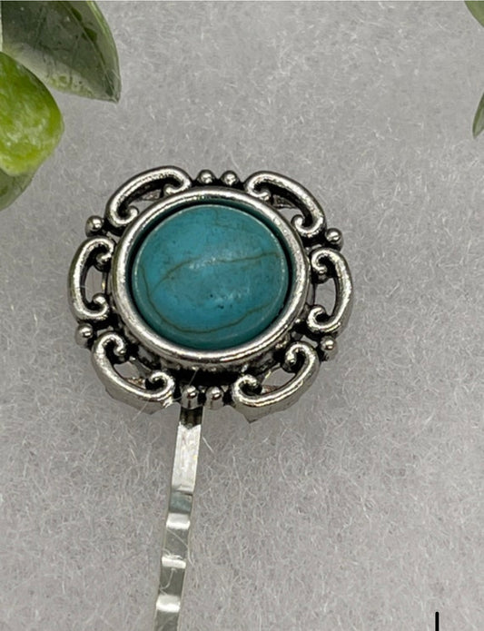 Turquoise silver vintage antique style hair pin approximately 2.5” long Handmade hair accessory bridal wedding