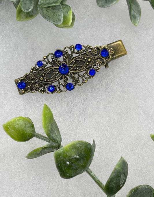 Royal blue crystal vintage antique style leaf hair alligator clip on a 2.5” bridesmaid wedding prom