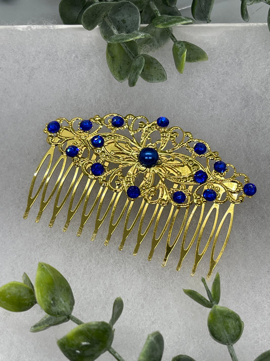 Royal Blue crystal Rhinestone Pearl 3.5”” gold side comb hair accessory wedding Retro Bridal Party Prom Birthday gifts sweet 16