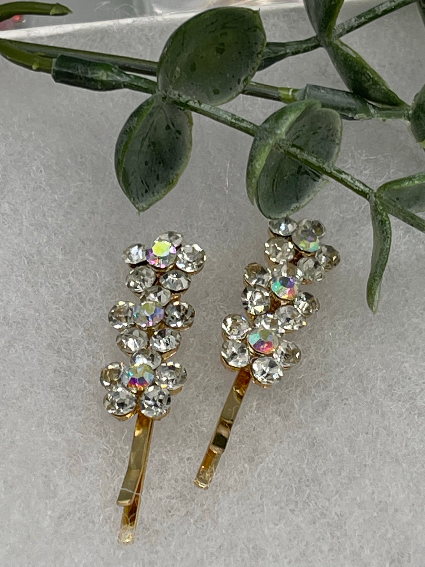 Iridescent Clear Crystal rhinestone flowers approximately 2.0” gold tone hair pins 2 pc set wedding bridal shower