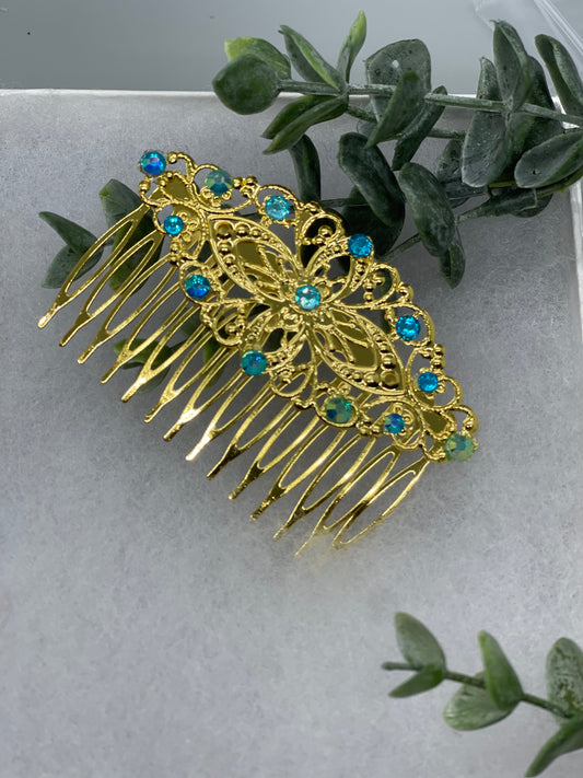 Teal crystal rhinestone vintage style  side comb hair accessories gift birthday 3.5” Metal side Comb