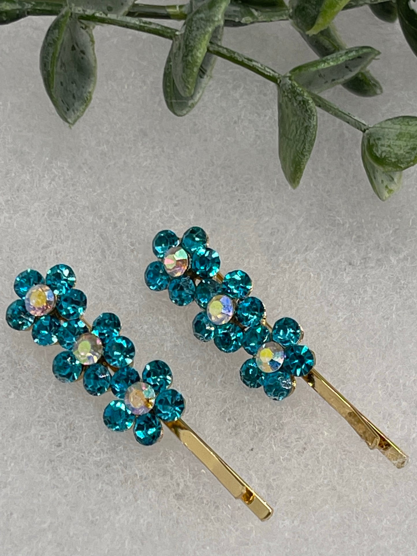 Teal blue crystal rhinestone flowers approximately 2.0” gold tone hair pins 2 pc set wedding bridal shower engagement