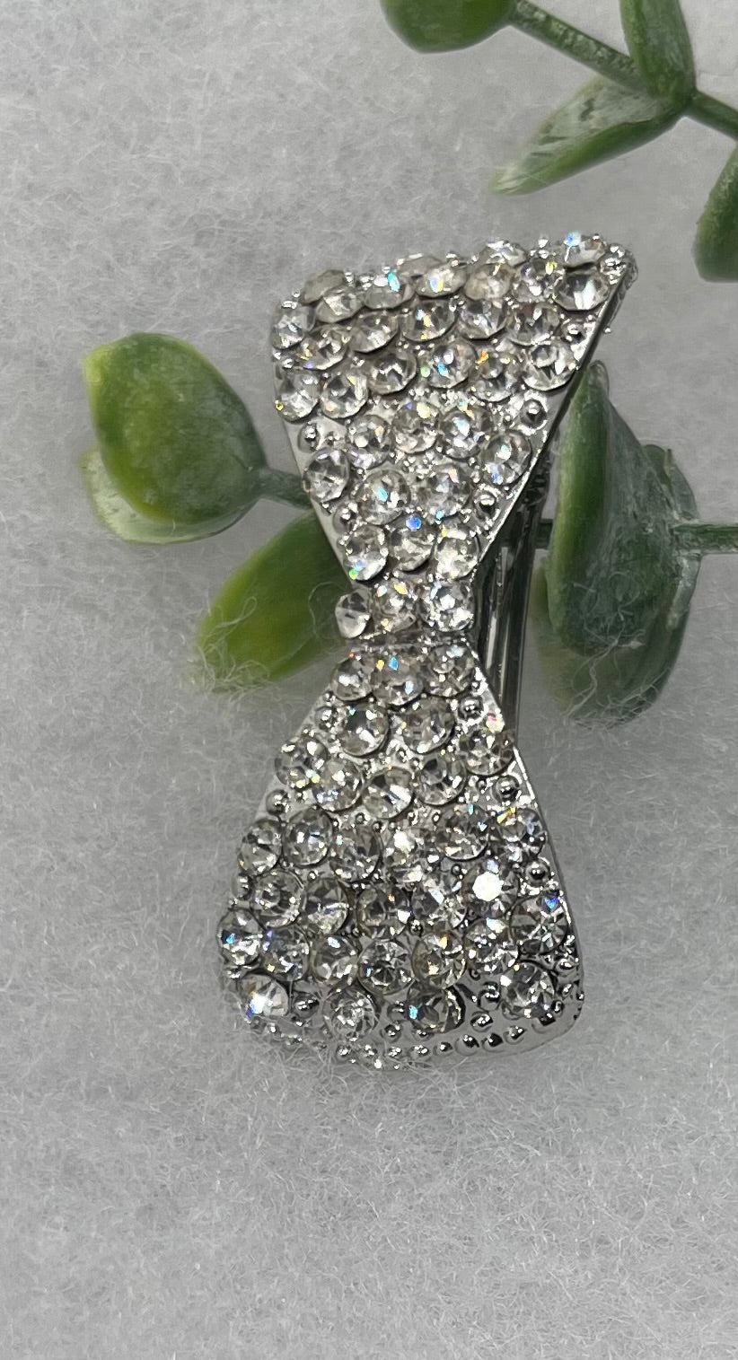 Bow Clear Crystal Rhinestone bow Barrette approximately 2.5” Metal silver tone formal hair accessory gift wedding bridal shower accessories