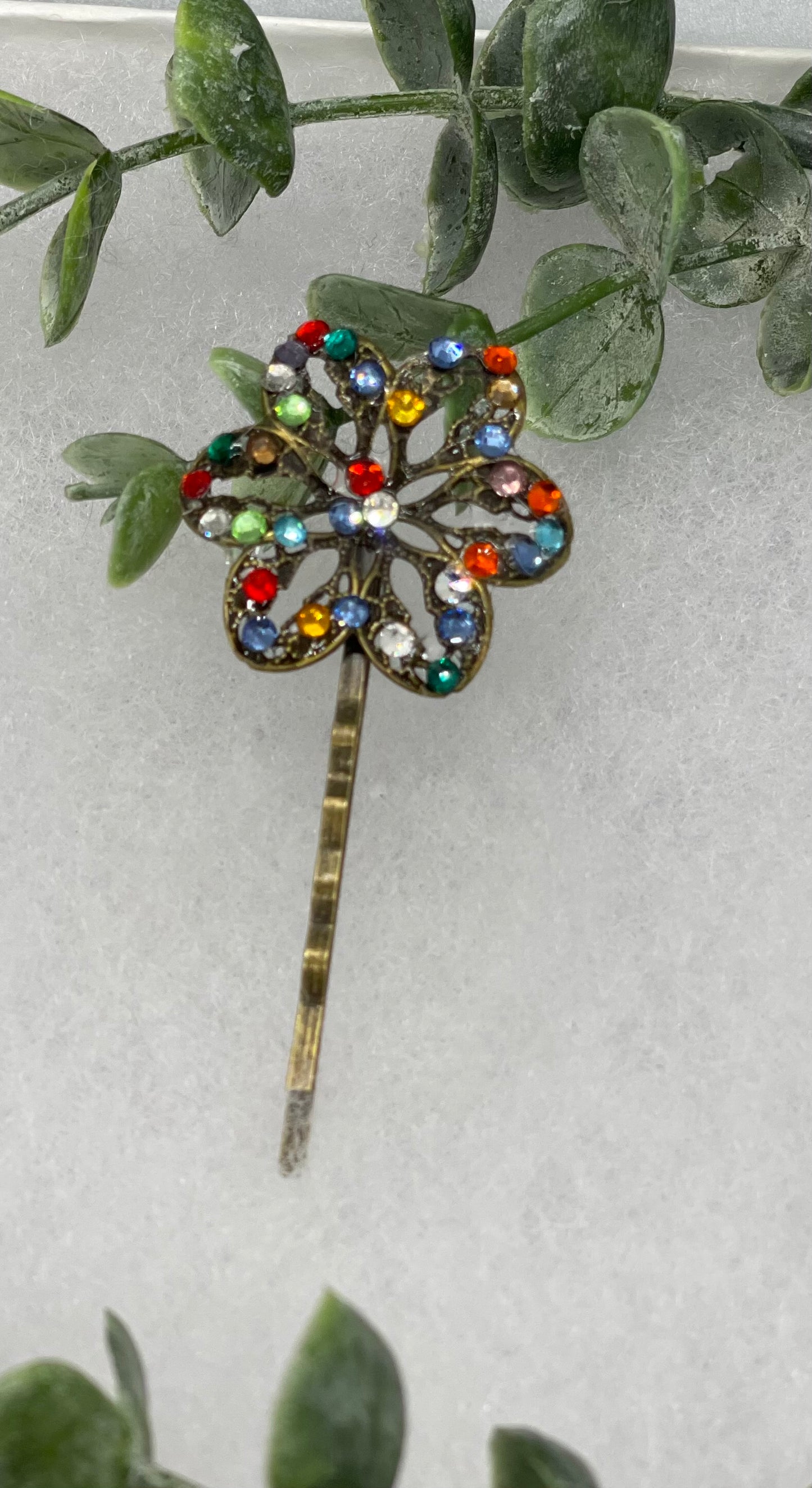 Rainbow crystal Antique vintage Style approximately 3.0” flower hair pin wedding engagement bride princess formal hair accessory