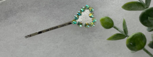 Heart green iridescent crystal rhinestone Silver2.5” long hair hair pin hair Accessories gifts birthday princess