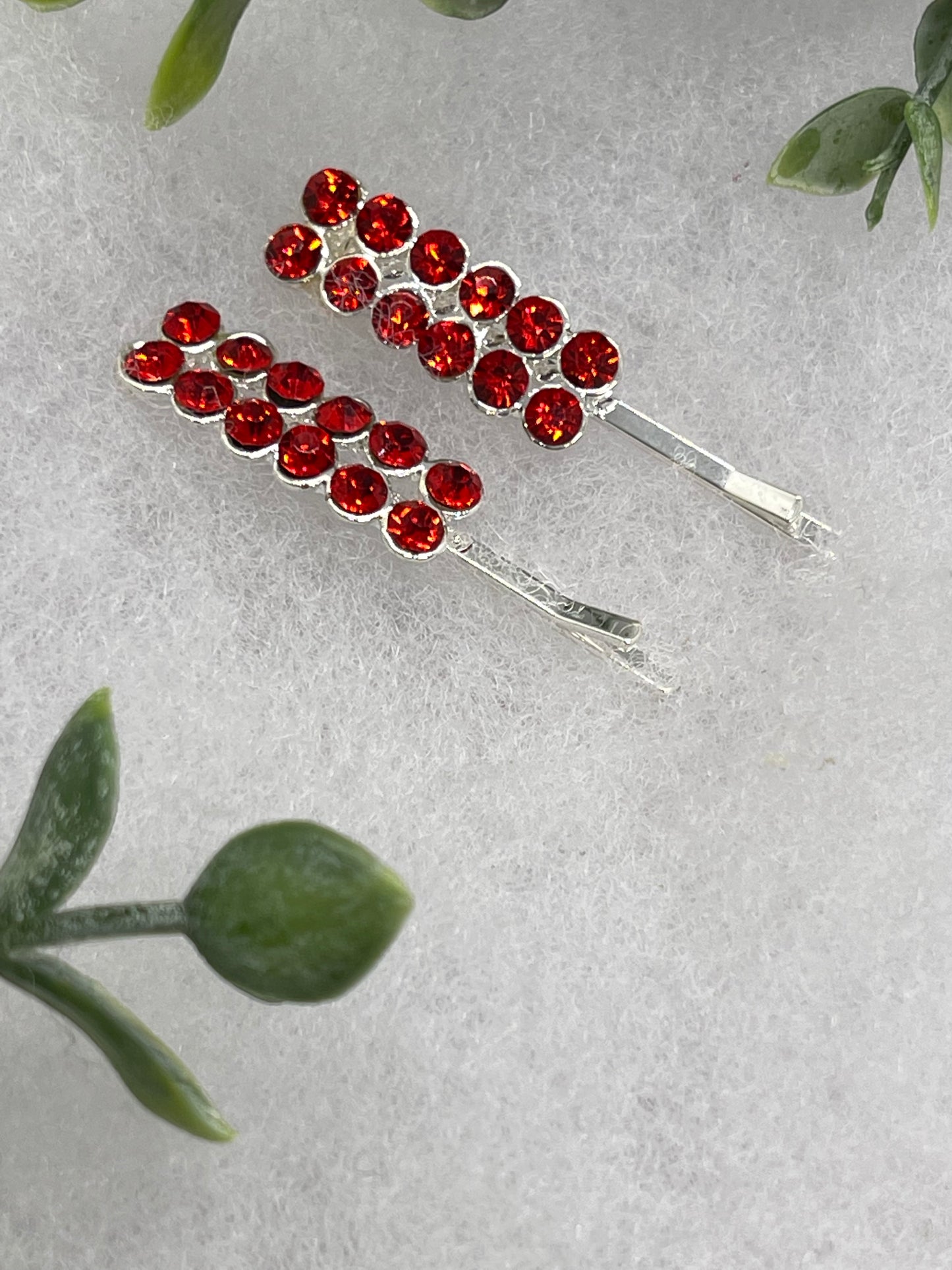 Red Crystal Rhinestone Bobby pin hair pins set approximately 2.0”  silver tone formal hair accessory gift wedding bridal Hair accessory
