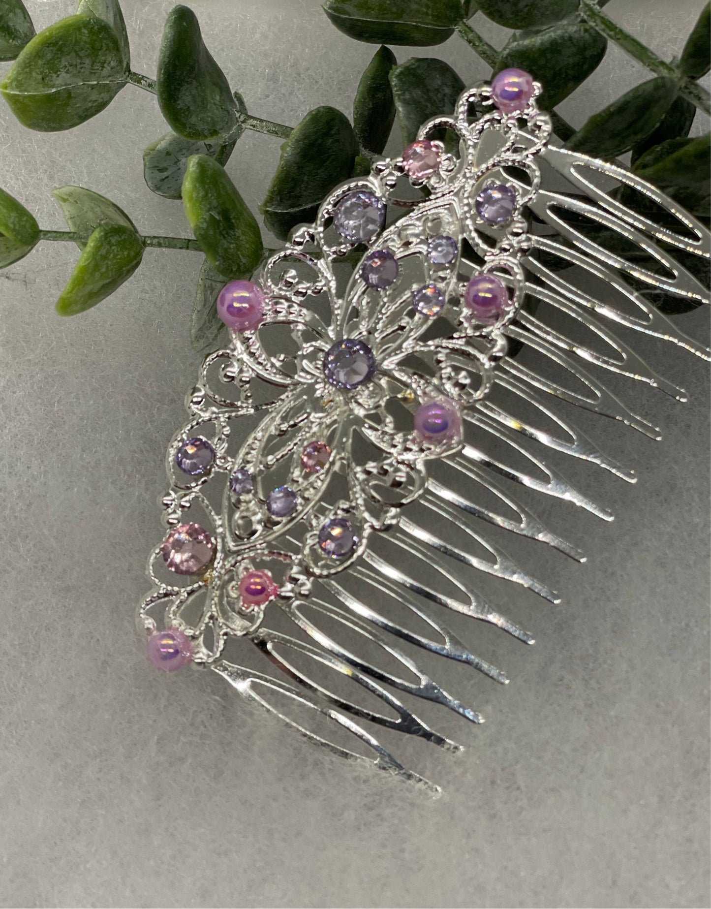 Purple pink crystal vintage style silver tone side comb hair accessory accessories gift birthday event formal