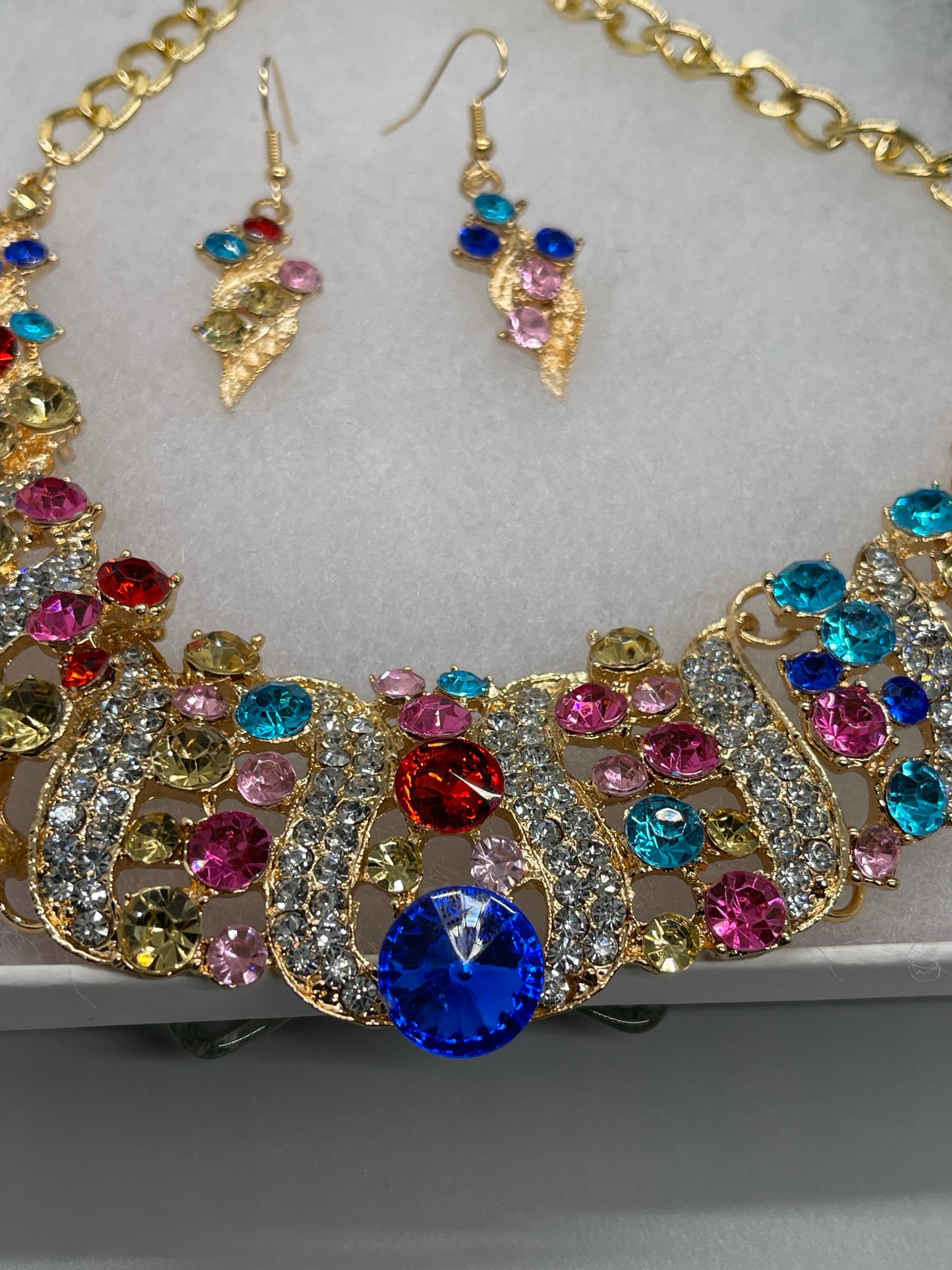 Rainbow Gold Crystal rhinestone necklace earrings set wedding engagement formal accessory