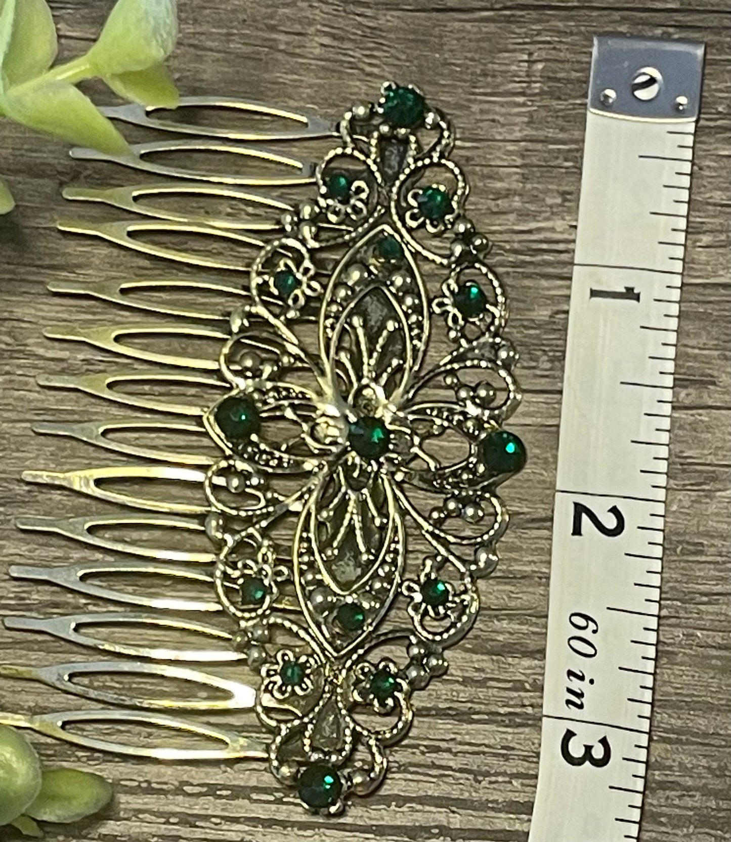 Emerald crystal rhinestone Comb on 3.5” antique Metal Hair Comb accessory Handmade Retro Bridal Prom