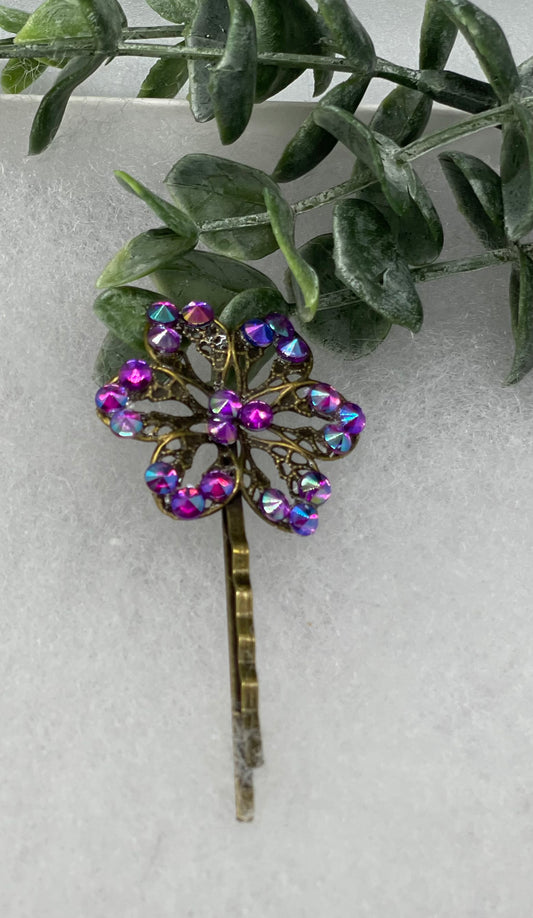 Purple Rainbow crystal Antique vintage Style approximately 3.0” flower hair pin wedding engagement bride princess formal hair accessories