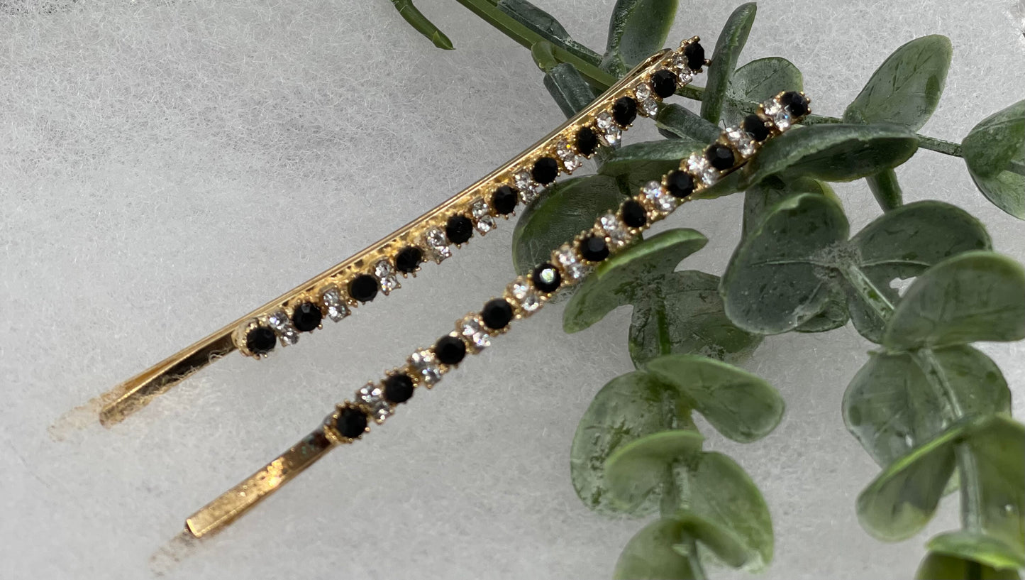 Black crystal rhinestone approximately 3.5” large gold tone hair pins 2 pc set wedding bridal shower engagement formal princess accessory accessories