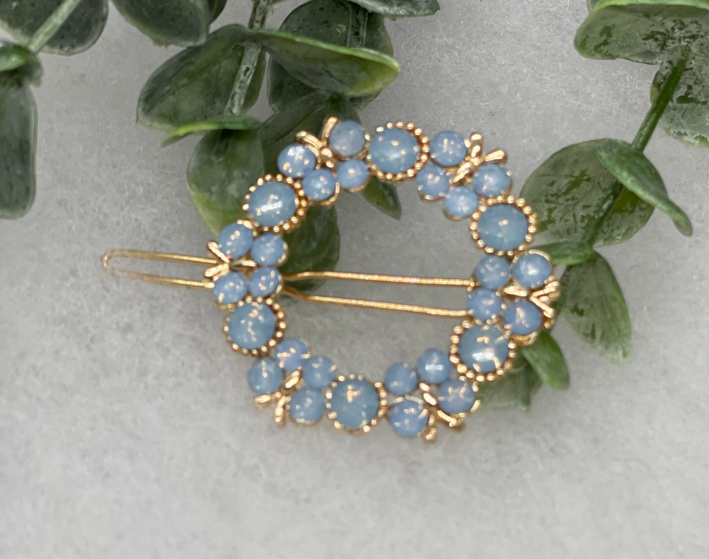 Blue crystal rhinestone flower approximately 2.5” barrette Gold vintage style bridal Wedding shower