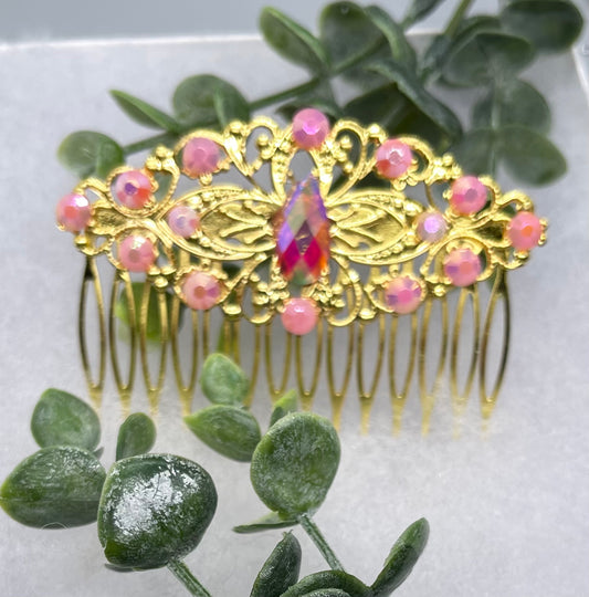 Pink Vintage Style Crystal Rhinestone 3.5” Gokd tone Metal side Comb bridal accessories