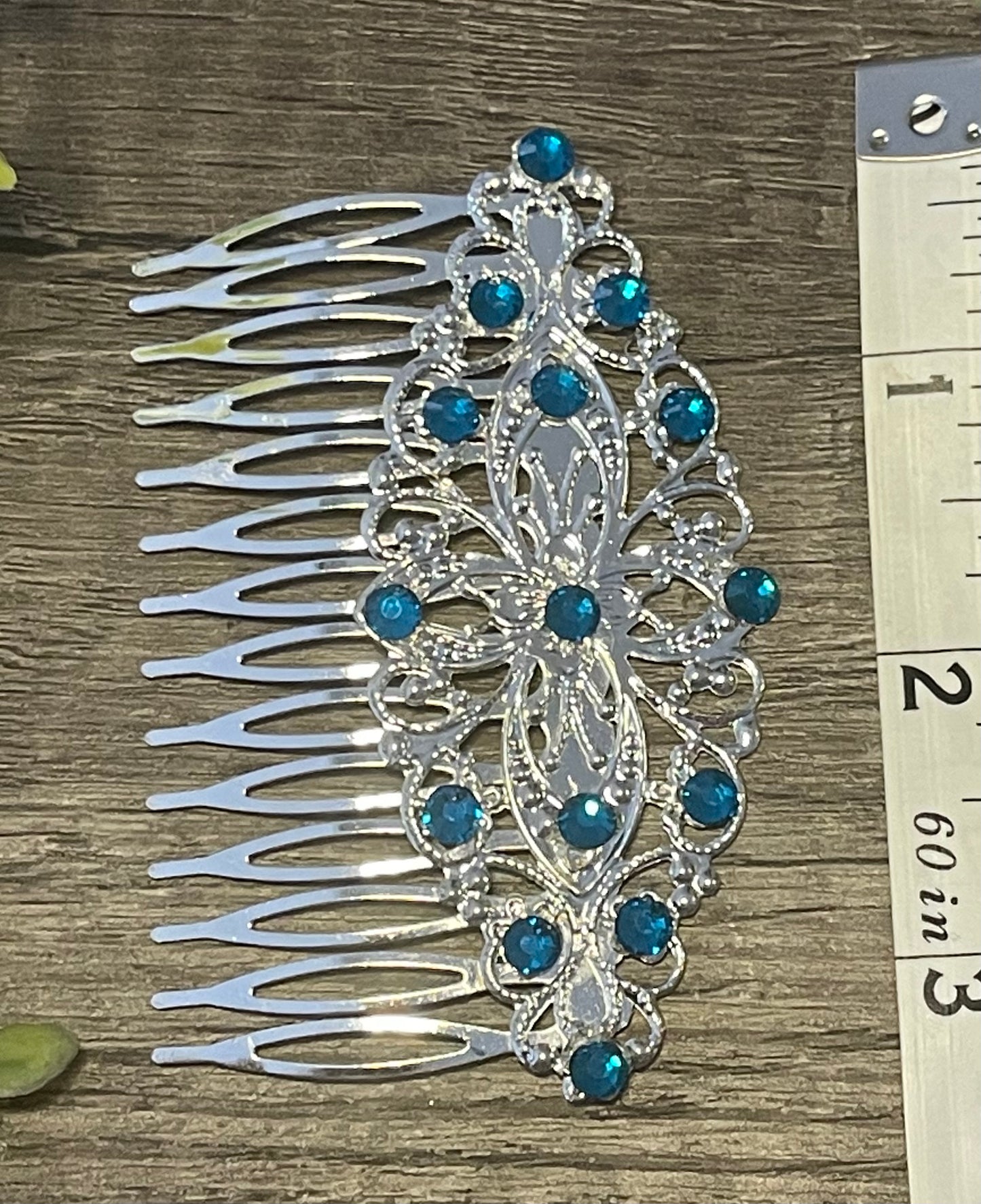 Sapphire teal crystal rhinestone Comb on 3.5” silver Metal Hair Comb accessory Handmade Retro Bridal Prom