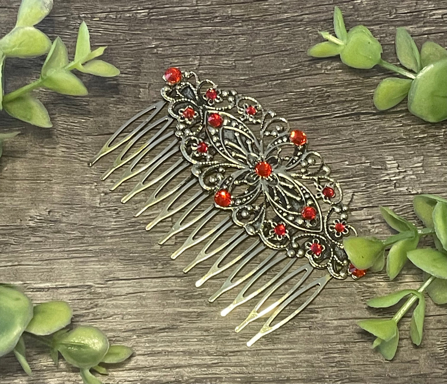 Ruby Red crystal rhinestone Comb on 3.5” antique Metal Hair Comb accessory Handmade Retro Bridal Prom