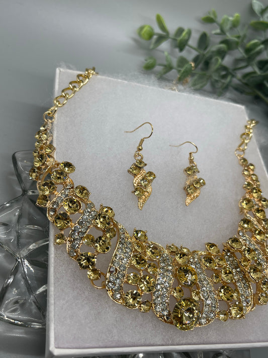Gold Crystal rhinestone necklace earrings set wedding engagement formal accessory