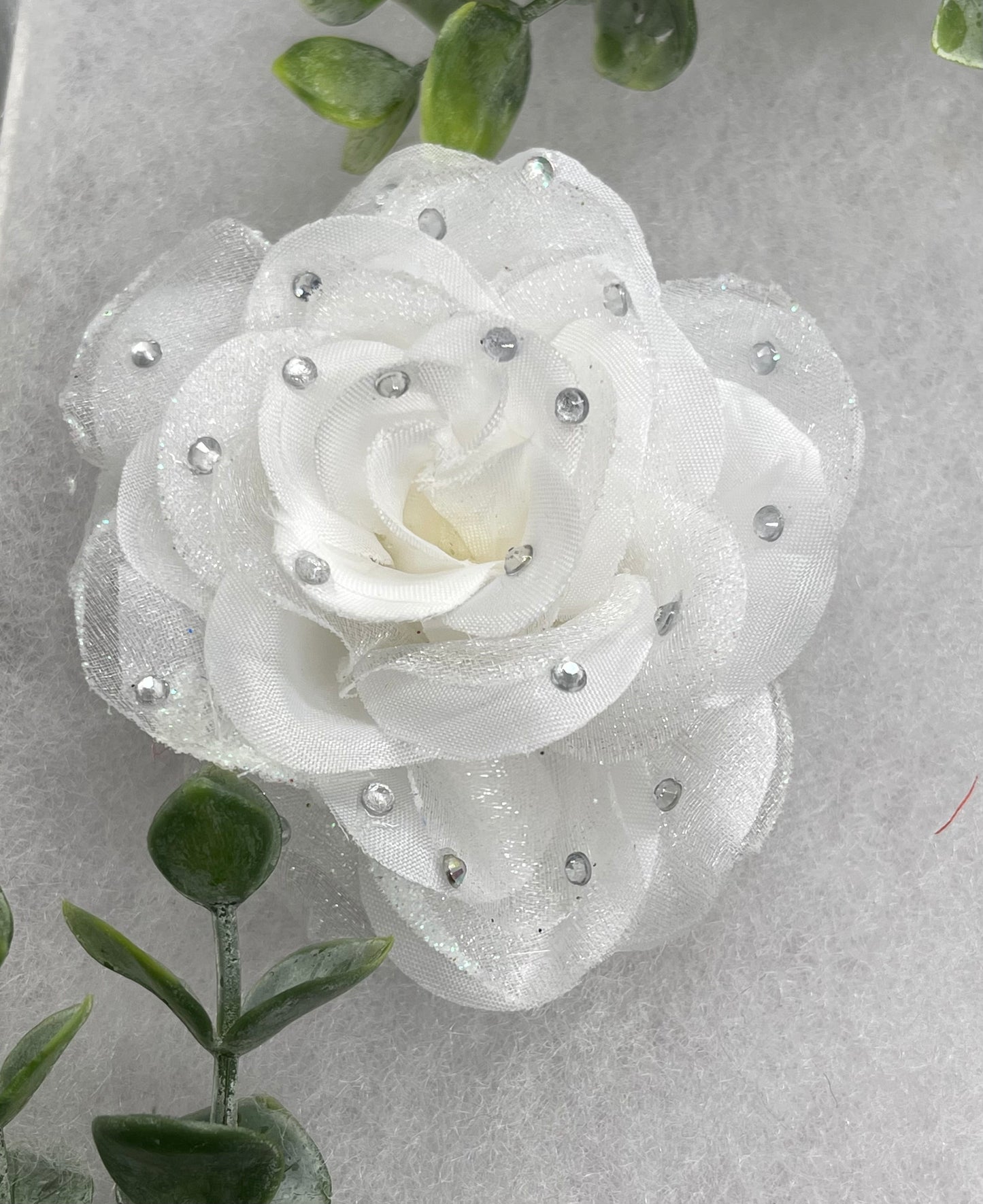 White Rose flower crystal rhinestone embellished alligator clip approximately 3.0” formal hair accessory wedding