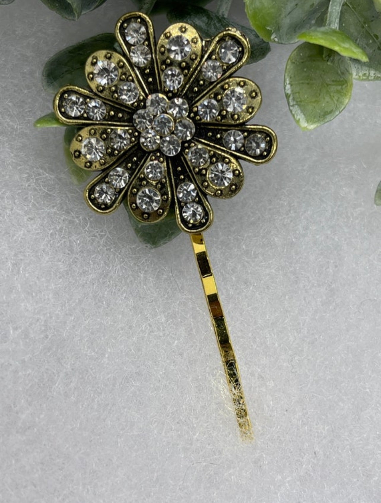 Gold crystal vintage antique style hair pin approximately 2.5” long Handmade hair accessory bridal wedding Retro
