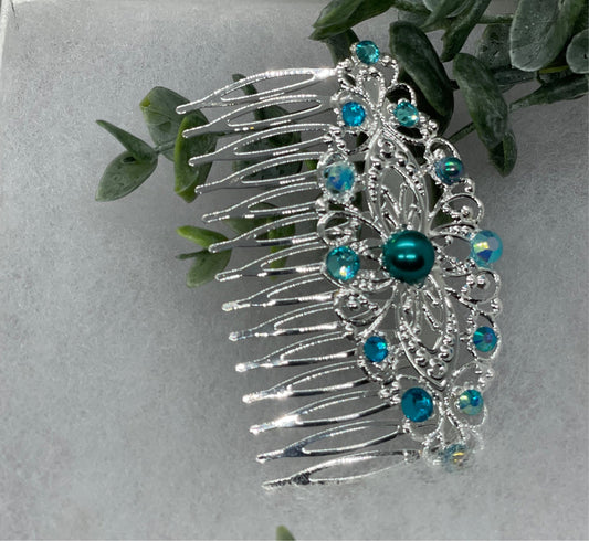 Blue teal crystal rhinestone pearl vintage style  side comb hair accessories gift birthday 3.5” Metal side Comb