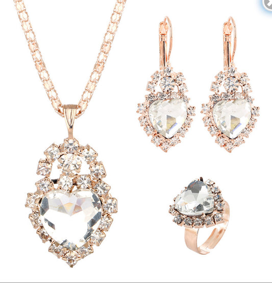 Crystal hearts 4 pc gold necklace earrings ring set