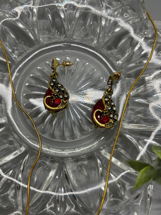 Ruby Red  peacock crystal rhinestone necklace earrings set