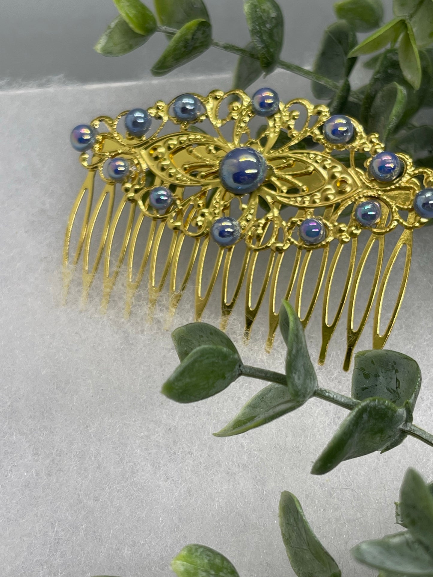 Blue iridescent Pearl vintage style Gold tone side comb hair accessory accessories gift birthday event formal bridesmaid wedding 3.5” Metal side Comb