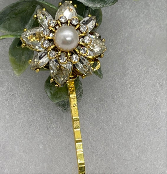 Gold crystal Pearl vintage antique style hair pin approximately 2.5” long Handmade hair accessory bridal wedding Retro