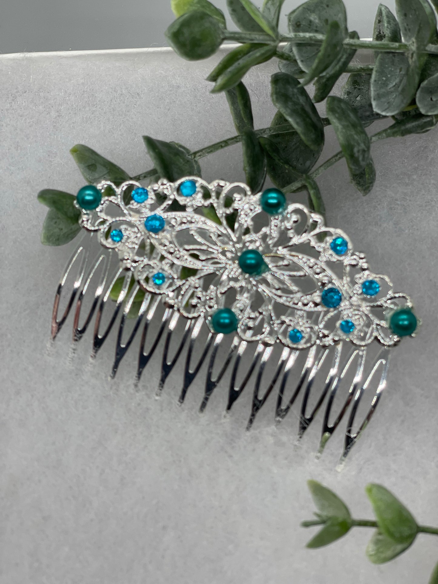 Green Teal crystal rhinestone pearls vintage style gold  side comb hair accessory accessories gift birthday 3.5” Metal side Comb